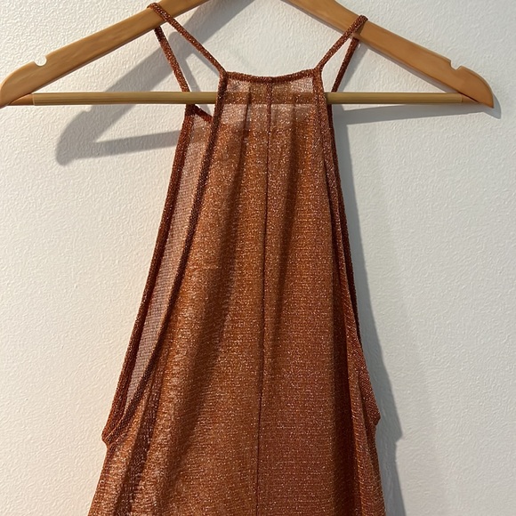 Free People Mesh Sheer Sparkle Metallic Bronze Slip Midi Dress NWOT - Picture 4 of 11
